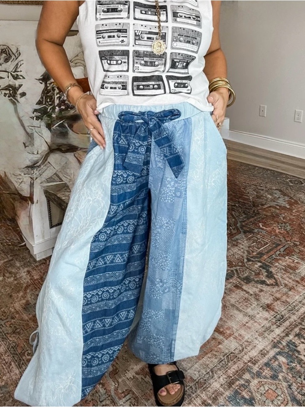 POL Pale Blue Joggers with Navy Patterned Panel - Picture 9 of 10
